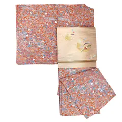 小紋　袷　縮緬　流水に四季の植物柄　裂取り風　朱色　カジュアル　リサイクル着物　リユース着物