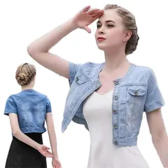 レディース デニムジャンパー デニムジャケット ショート丈 半袖 薄手 トップス?カジュアル カーディガン 大人 おしゃれ デニム 無地 ダメージ Ｖネック 送料無料 シンプル フォーマル おでかけ#luyy758