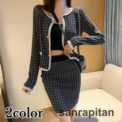 セットアップ ノーカラージャケット ミニスカート タイトスカート ニット レディース 秋冬 2セット チェック柄 ツイード調 上品 大人 ミニ丈 長袖