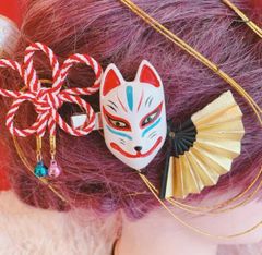 キツネ☆ミニお面☆単品☆お祭り髪飾り☆結婚式☆成人式髪飾り☆よさこい髪飾り☆祇園祭☆御神輿☆だんじり祭☆体育祭☆お揃い☆プラスアレンジ☆