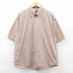 XL/古着 トミーヒルフィガー 半袖 ブランド シャツ メンズ 90s ワンポイントロゴ 大きいサイズ ロング丈 コットン ボタンダウン ベージュ系