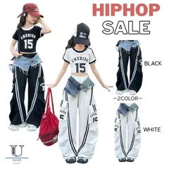 キッズ ダンス HIPHOP 衣装 パンツ ワイドカーゴ デニム切り替え ボトムス ブラック ホワイト