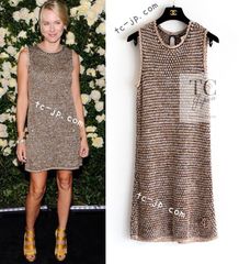 シャネル ワンピース CHANEL シャンパンゴールド ネイビー ココマーク 女優 愛用 さらり 春夏サマー ニット カール 定番 人気 超美品 40 42