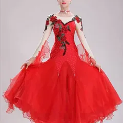 赤　リーズナブル　社交ダンスドレス　モダンドレス　スタンダード　パーティ―ドレス