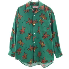 mikihouse ミキハウス 日本製 ベア柄 長袖 フランネル オープンカラーシャツ M グリーン クマ メンズ 古着