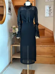 シースルー 黒 ロング ワンピース フリル リボン