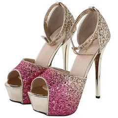 キッソス（ＫＩＳＳＯＳ） レディース ハイヒール スパンコール キラキラ キャバヒール アンクルストラップ ピンヒール オープントゥ サンダル パンプス (ピンク, 24.0cm(38)) [ピンク] [24.0 cm]