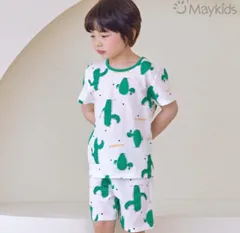 パジャマ　サボテン柄　半袖　夏　薄手　グリーン　かわいい　お揃い　綿100%  100 110 120 130