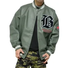 BRONZE AGE/ブロンズエイジ スタジアムジャンパー/スタジャン ジャケット フェイクレザー オーバーサイズ アウター/スケートボード スケートブランド グリーン サイズM-L-XL