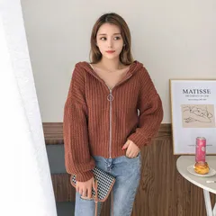 レディースニットパーカー ジップアップ フーディー ブラウン ショート丈 ざっくり編み ローゲージ 長袖 ゆったり 体型カバー オーバーサイズ 韓国ファッション 春秋冬 羽織り カジュアル 大人可愛い トップス おしゃれ コーデ映え [576]