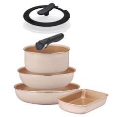 エバークック フライパンセット 7点（玉子焼き13×19㎝ フライパン26㎝ 深型フライパン24㎝ ポット18㎝ 専用ミニハンドル ポット用プラスチックふた シリコーンリングつき18㎝ふた） オール熱源対応 (IH対応） アイボリー 選べるシリ [アイボリー]