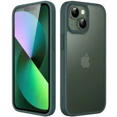 JEDirect マットケース iPhone 13 6.1インチ 耐衝撃性ミリタリーグレードの落下防止 つや消しの半透明の背面電話カバー 指紋防止 (濃い緑色)