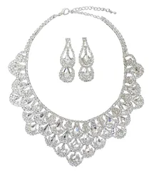 Color:イヤリングセットシルバー ラインストーン ネックレス イヤリングセット ピアスセット アクセサリー ゴージャス パーティー お呼ばれ 謝恩会 (イヤリングセットシルバー)