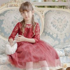 【レッド】デコルテシースルーレーススリーブドレス TAK キッズ キャサリンコテージ
