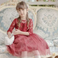 【レッド】デコルテシースルーレーススリーブドレス YUP12 《メール便優先商品》 キッズ キャサリンコテージ