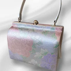 和装バッグ 振袖 成人式用 美品 自立型 シルバー×淡色花柄