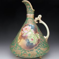 オールドノリタケ グリーン地金盛り薔薇絵 水差し ピッチャー ジャグ 23cm