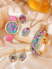 Women's Watch Set, 1-Piece Set, Women's Watch with Multicolored Rhinestone and Crushed Stone Inlay, Exaggerated Design, Fashionable Metal Necklace Kit, Earrings, Bracelet, and Ring Jewelry Set