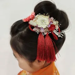 タッセル×ドライフラワー髪飾り 帯飾り 被布飾り / レッド×パープル / 大人こども兼用 / やっとこピン＆安全ピン2way ヘアアクセサリー コサージュ / 成人式 七五三 浴衣 着物