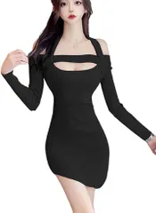COCO&YUKA(ココアンドユカ) タイト セクシー ニット ミニ ワンピース 肩出し オフショルダー 長袖 ボディコン レディース( ブラック,  M)