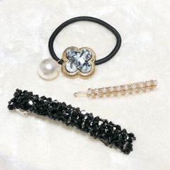 【3点】新品ブラック&パールヘアアクセサリーまとめ売りヘアゴムバレッタ韓国