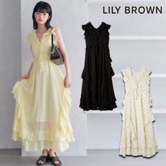 【爆速配送】【新作10%OFF】【即納】 リリーブラウン LILY BROWN ワンピース 25春夏 ラッフルフリルフレアワンピース ロング丈 半袖 ドット ドレス lwfo254033