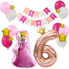 6歳用【新品】ピーチ姫とかわいくお誕生日をお祝いバースデーバルーンセット（19pc)　ピンク ゴールド スター バースデー ガーランド風船 パーティ 飾り こども ギフト                                 　    　      