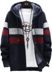 emptio エンプティオ フード付き ニットジャケット メンズ アウター フルジッパー トップス ジップパーカー 長袖(ネイビー,  L)