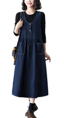 L_ダークブルー [ＤＭｂｉｎｓｈｕｎ] サロペット レディース デニム ジャンパースカート ワンピース ロング 秋 オーバーオール スカート 大きいサイズ サロペットスカート デニムワンピース オールインワン(Cダークブルー)