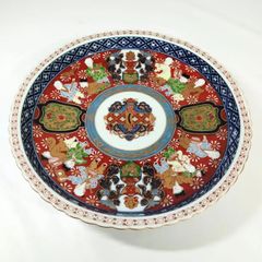 古伊万里写 色絵金襴手 菊割南蛮船南蛮人図 大皿 在銘「陶扇」31cm