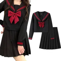 セーラー服 コスプレ JK 本格制服 コスプレ 仮装 JK 女子高生 制服 ブラック 長袖 学園祭 文化祭 仮装 (ブラック 長袖 A, M)