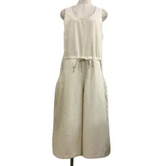 サマンサモスモス SM2 サロペット オーバーオール ワイド クロップド リネン混 無地 リボン ノースリーブ M ベージュ 白 ホワイト