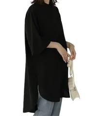 [Elixio] [エリクシオ] ゆったり シャツワンピース ワンピース レディース チュニック シャツ 長袖 薄手 襟なし ノーカラー 羽織り パフスリーブ 大きめ 体型カバー カジュアル 秋 秋服 (M, ブラック) [ブラック] [M]