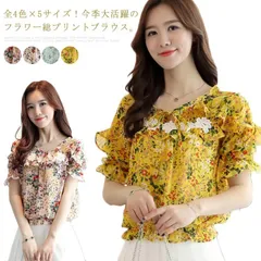 全4色×5サイズ！プリントｔシャツ 花柄ブラウス シフォントップス フラワー 花柄 Tシャツ ブラウス 半袖 フリル おしゃれ 可愛い 夏服 レディース#etc381