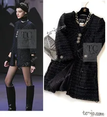 シャネル コート ジャケット CHANEL ブラック メタリック ロング ツイード カールラガーフェルド 最高峰メティエダール 超美品 38 40