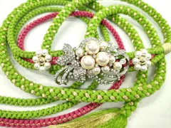 平和屋着物●和装小物　振袖用帯締め　飾り付き　パール　ラインストーン　花束　鶸萌黄色　金糸　切り房　逸品　未使用　CAAW4041ju