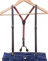 haoa 革サスペンダー レザーサスペンダー Y型15mm 男女兼用 ダブルクリップ(ワインレッド,  Free Size)