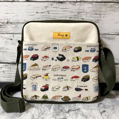 ★セール品(現品限り) 猫柄ミニショルダーバッグ 寿司猫 ホワイト&カーキ ハンドメイド メンズ レディース ボディバッグ ポシェット