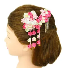 七五三 髪飾り 三歳 七歳 日本髪 つまみ細工 花 2点セット ピンク 薄ピンク 白 グラデーションカラー ちりめん 下がり 鈴 ビラ No.12-0128