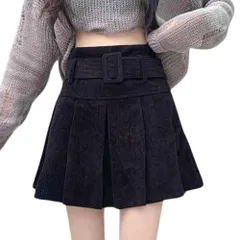 [AQUA Marine] ミニプリーツスカート レディース ハイウエスト ベルト付き コーデュロイ ミニスカ フレアシルエット かわいい 脚見せ カジュアル＆フェミニン インナー付き(ブラック,M） [ブラック] [M]