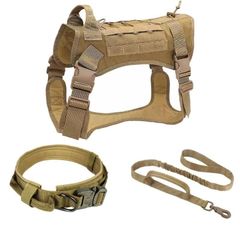 犬 ミリタリー ハーネス 首輪 リード ３点セット ダブルハンドル 軍犬 k9大型犬　中型犬　ベージュ