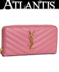 サンローランパリ SAINT LAURENT PARIS ロゴ ラウンドファスナー 長財布 レザー ピンク 【65397】