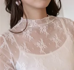 ハイネック 長袖 レーストップス レースインナー チュールトップス ホワイト