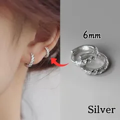 内径6mm シルバー ねじれ ストーン フープピアス シンプル キラキラ 高見え