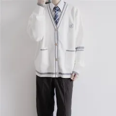 ☆ ホワイト ☆ M ☆ スクールカーディガン メンズ 男子 Vネック カーディガン メンズ スクールカーディガン 学生服 長袖 男子 アウター 通学 Vネック おしゃれ ワンポイント 前開き カーデ 中学生 高校生 ゆったり 男の子 学校 スクール
