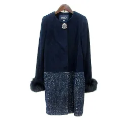 ジャスグリッティー JUSGLITTY ノーカラーコート 総裏地 ビジュー 切替 フォックスファー ウール アンゴラ混 1 S 紺 ネイビー /MN