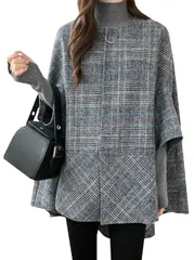 Size:XL_Color:ブルー [NEKORA] チェック柄 ポンチョ ジャケット コート 羽織 カーディガン アウター レディース 防寒 防風 秋冬服 保温 チェック服 チェック上着 チェック上着レディース レトロ ジレ 羽織物 ニット ゆったり袖 韓国