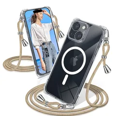 iPhone 14 Plus ケース クリア ショルダー MagSafe対応 耐衝撃 iPhone14Plus スマホケース マグセーフ対応 透明 織りストラップ付き アイフォン14 Plusカバー 肩がけ 首掛け 紐付き 縄掛け シングルショルダーロープ 0