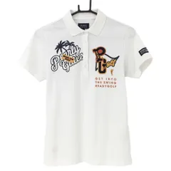 ★特価★【美品】パーリーゲイツ 半袖ポロシャツ 白×ダークネイビー ヤシの木プリント 日本製 レディース 1(M) ゴルフウェア PEARLY GATES