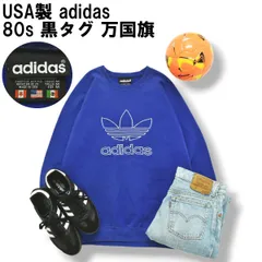 【希少】 80s ヴィンテージ 黒タグ 万国旗 USA製 アディダス adidas トレフォイル ロゴ 刺繍 スウェット ラグランスリーブ 裏起毛 M ブルー メンズ